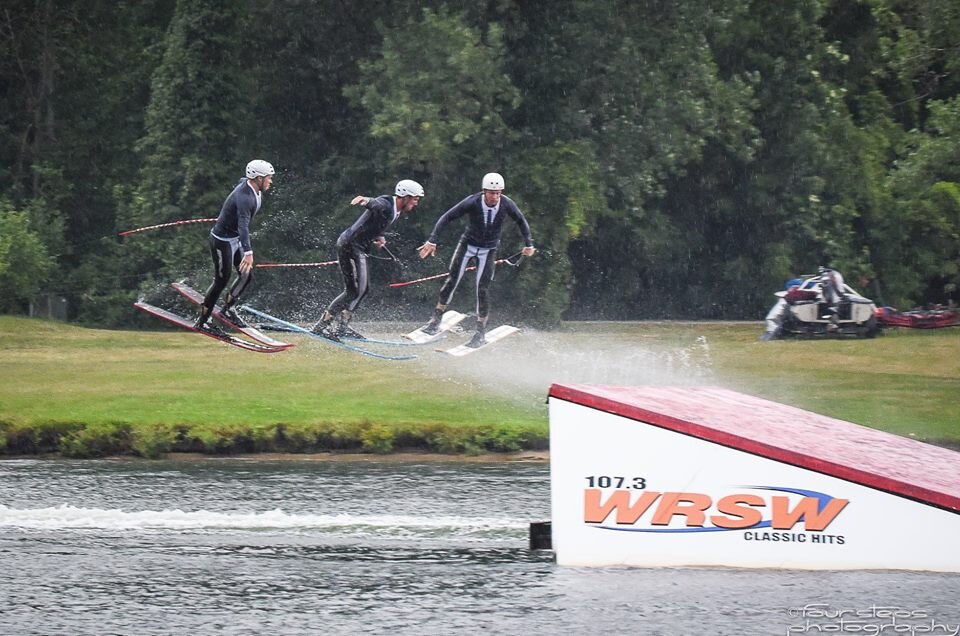 Stunts are a common part of water ski shows and competitions.
