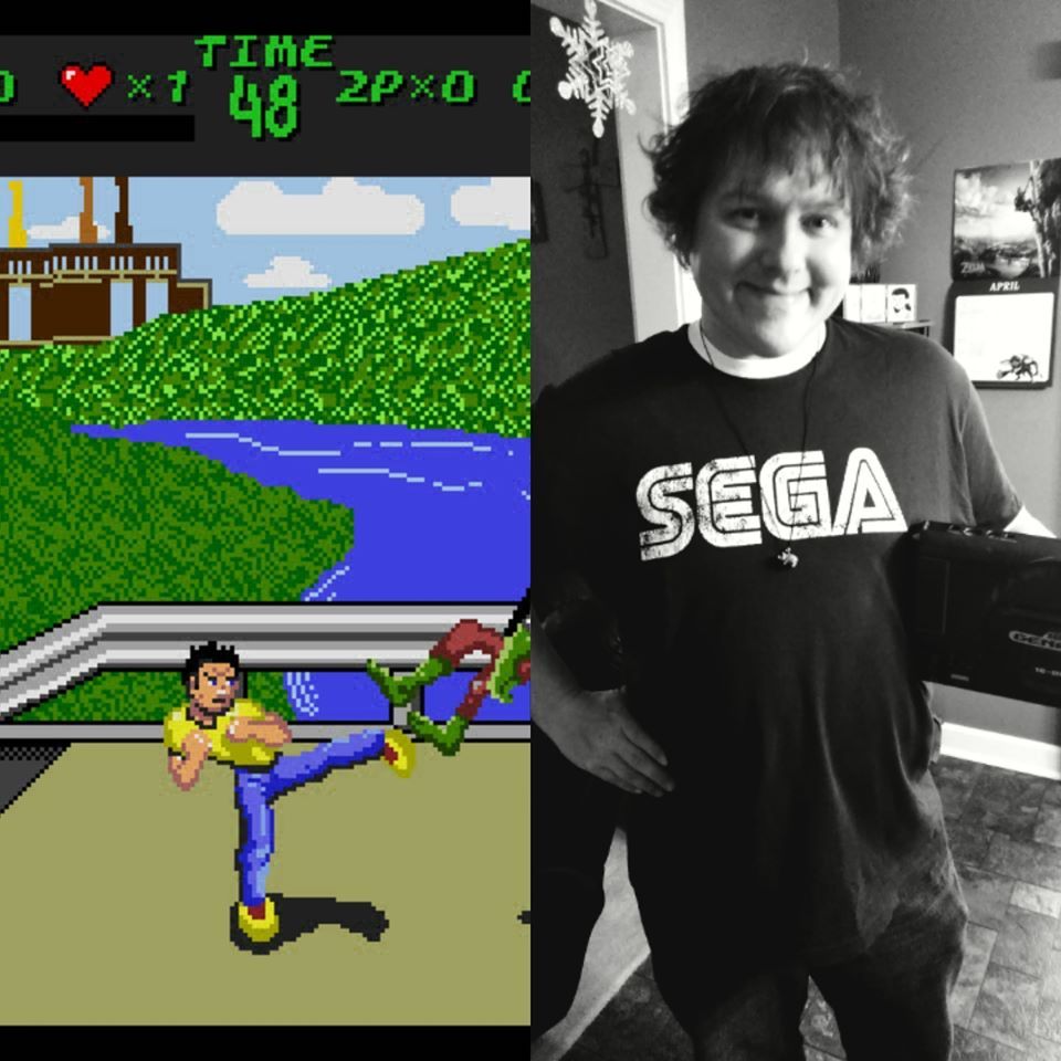 Springer stands next to the video game version of himself in i heart pizza's first game, Summit City Showdown.