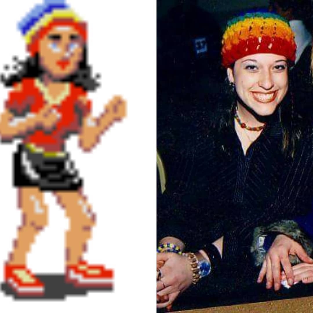 Springer's wife, Alia, next to her video game character.