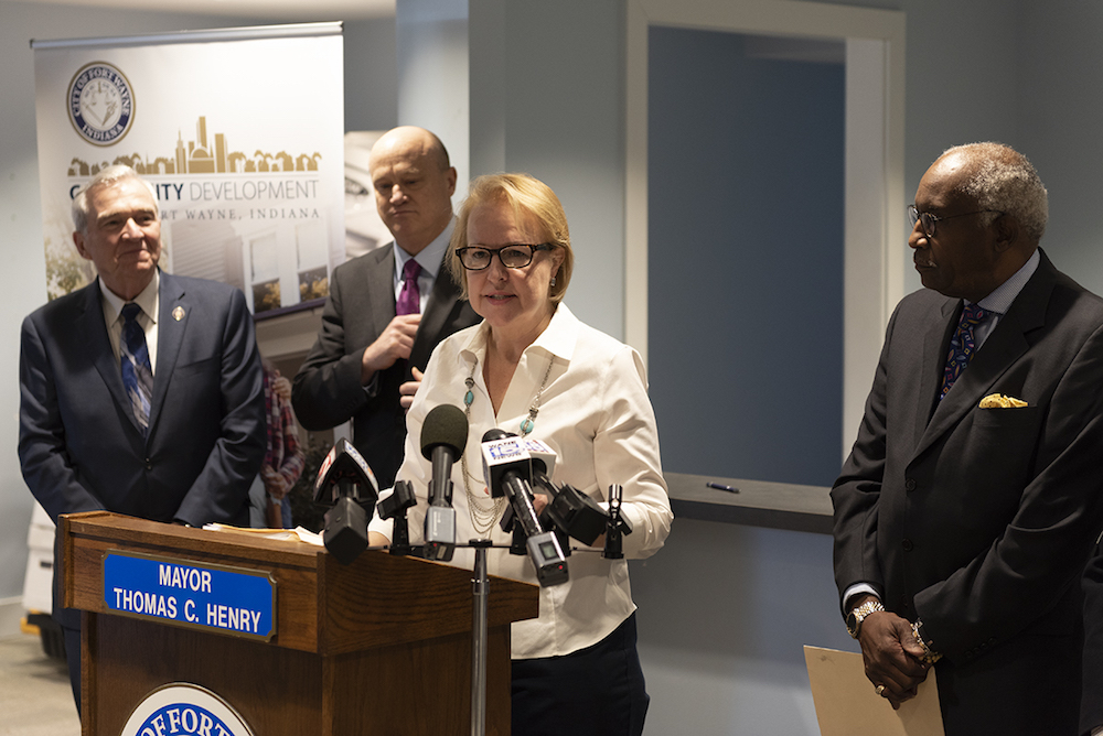 Trois Hart of SEED Fort Wayne speaks at a news conference for the Summit City Match.