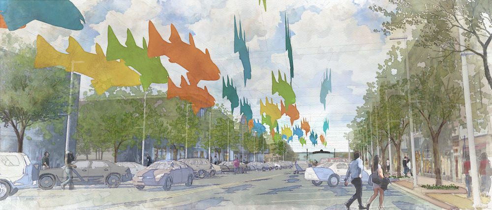 Designing Local concepted this overhead display of fish in Sandusky, Ohio, to build on city’s relationship with Lake Erie.