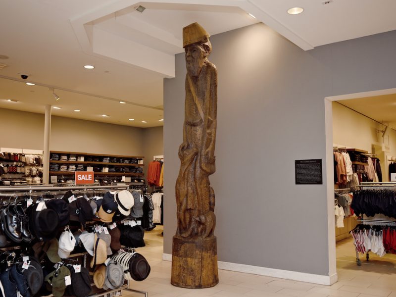 Fort Wayne’s “Johnny Appleseed” carving by L. Dean Butler now stands in the H&M store at Glenbrook Square Mall.