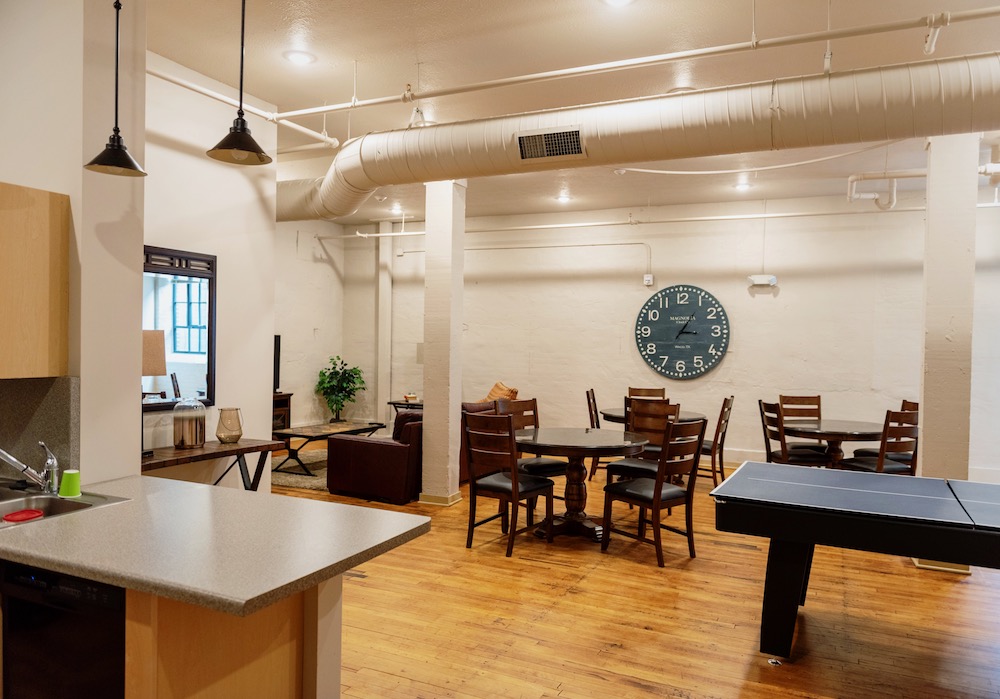 The community room at Little Crow Lofts in Warsaw.