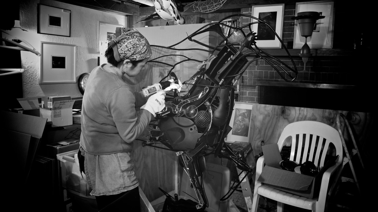 Ganz puts her welding skills to work, creating the metal armature for one of her sculptures.