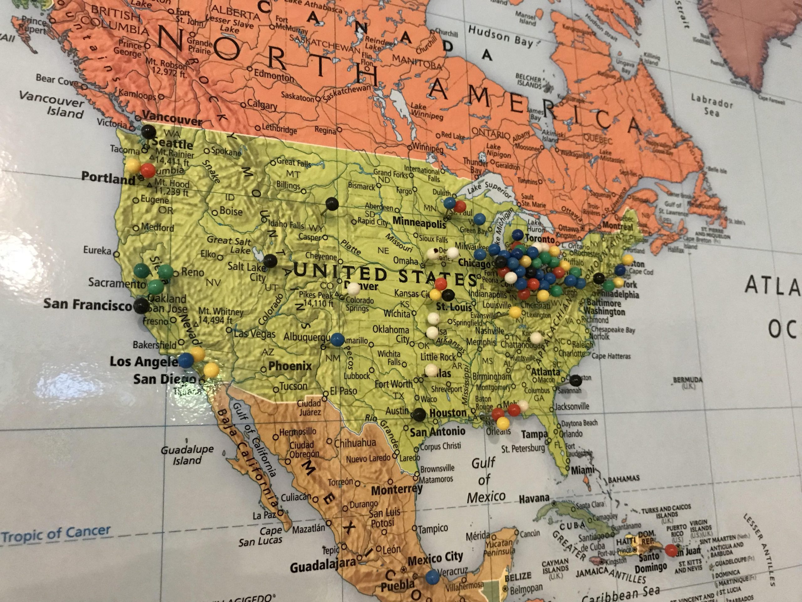 Airbnb visitors are asked to mark their hometown on a map in the lobby.