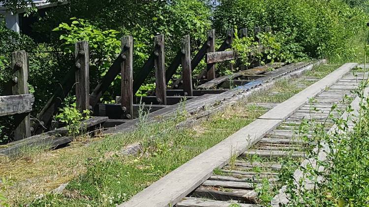 An old FWJ&S Railroad bridge crossing at Spy Run Creek.