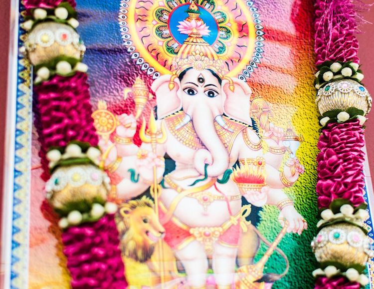 Art at the Omkaar Temple, a Hindu worship center.