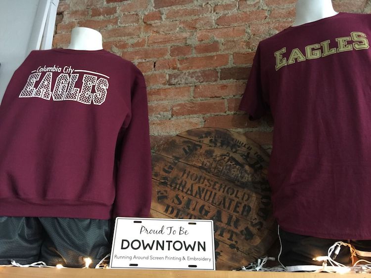 Running Around Screen Printing in downtown Columbia City.