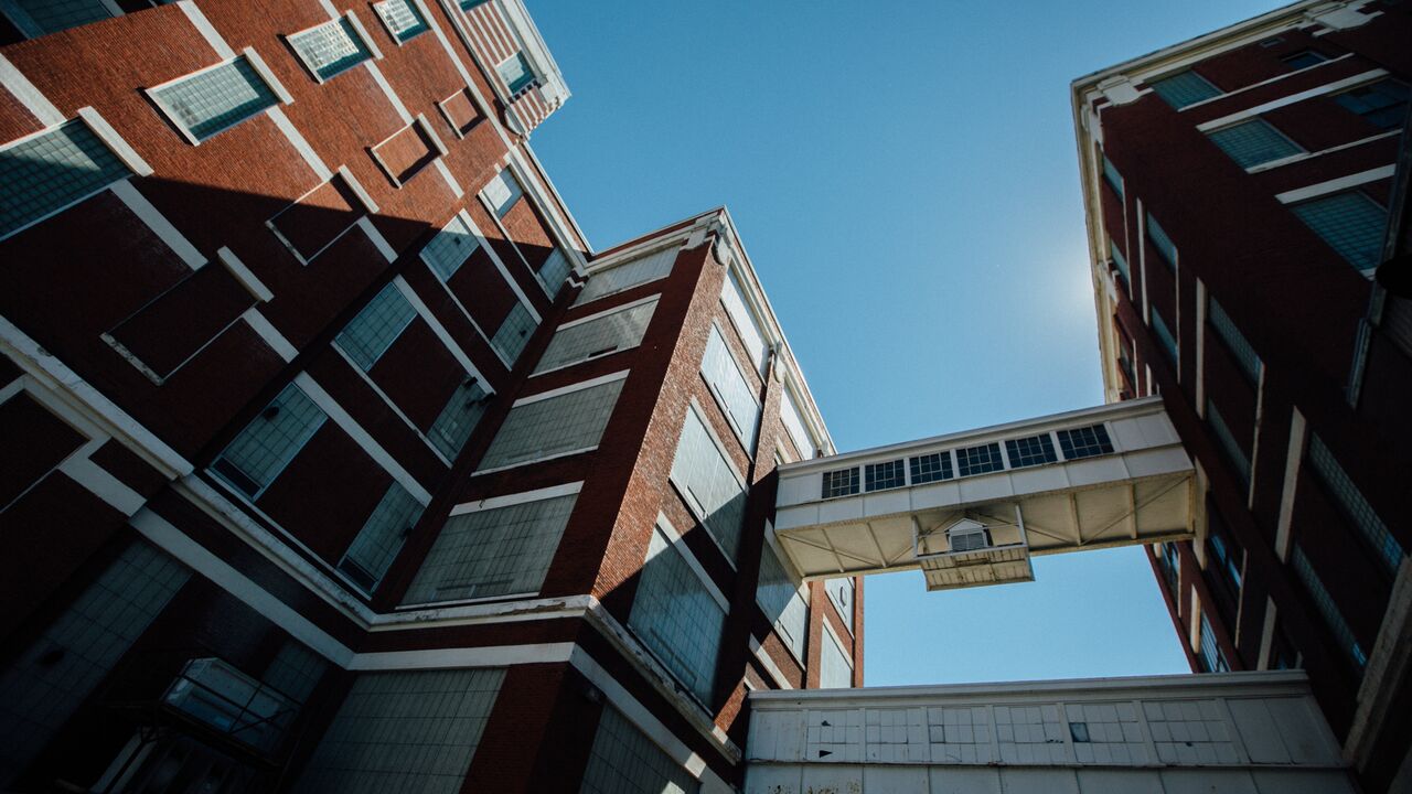 Skywalks connect buildings of the GE campus.