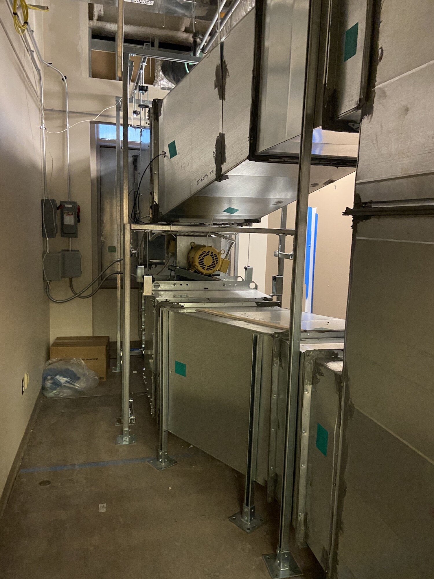 A space that was previously a small conference room has been converted into a mechanical room that provides additional exhaust to 20 rooms at Parkview Regional Medical Center that were converted to negative pressure rooms.