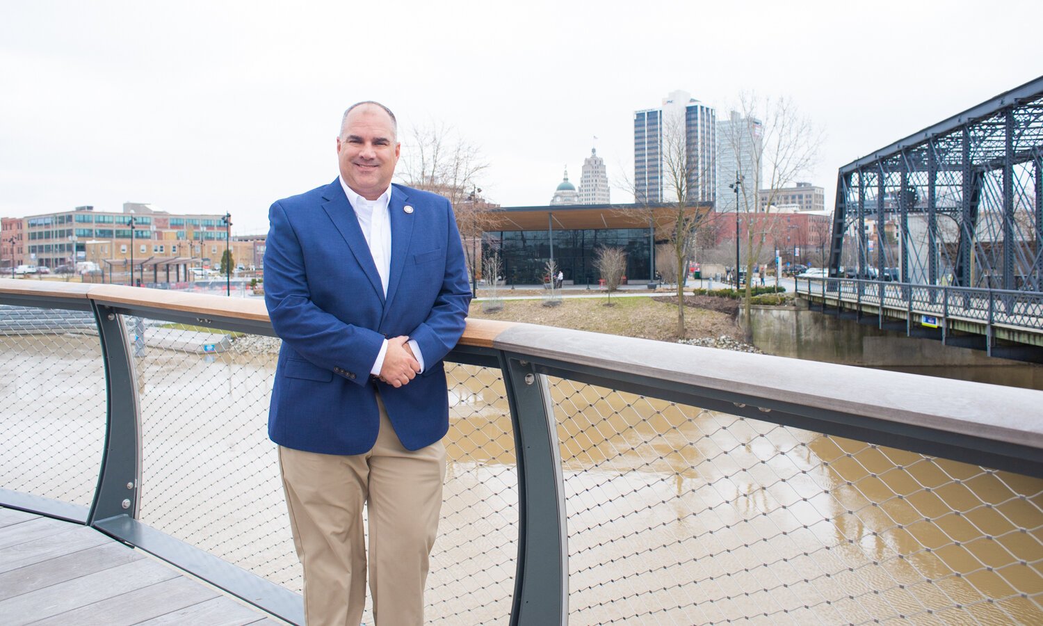 Director of the Fort Wayne Parks and Recreation, Steve McDaniel, on the Tree Canopy Trail at Promenade Park.