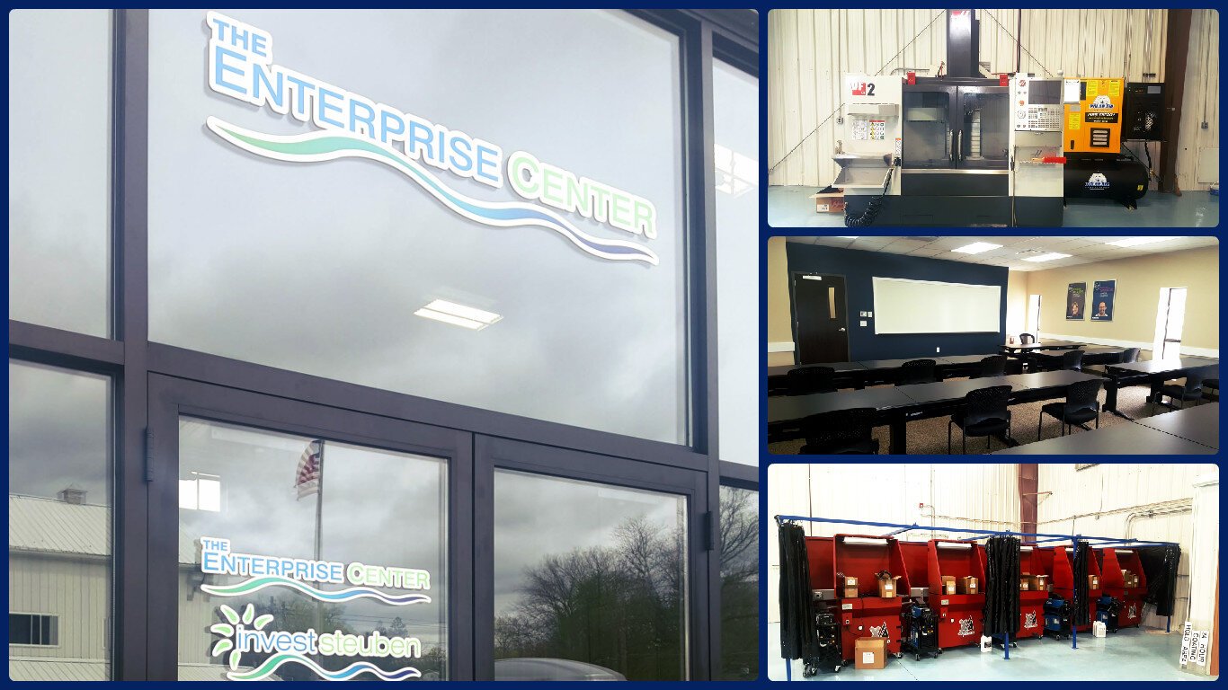 The Enterprise Center serves start-up and emerging businesses engages in manufacturing, wholesale trade, distribution, e-commerce and other information technology firms operating in the Steuben County area.