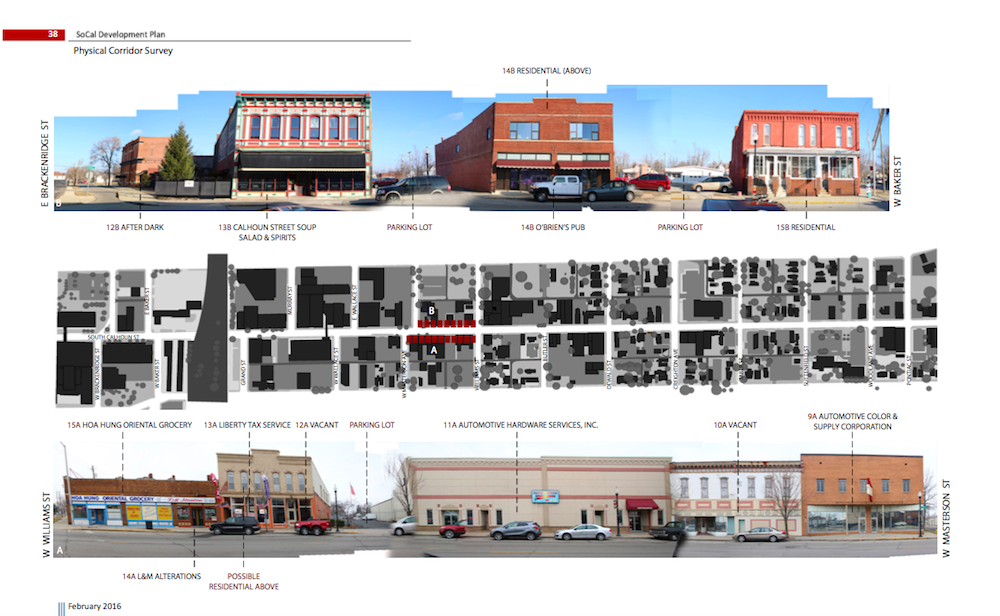 A rendering of South Calhoun Street's existing structures as part of the 2016 South-Central Calhoun Street Development Plan.