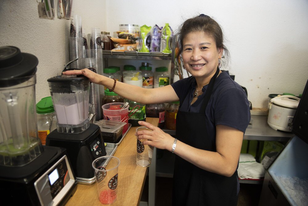 West Coast Grille offers bubble milk tea, smoothies, and jasmine-green tea.