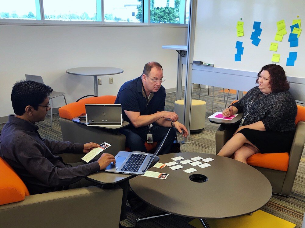 Peer Support Specialist Austin Cellini, User Experience Research Specialist Ryan Ahmed, and Research Analyst Jessica Pater gather feedback on Parkview’s opioid recovery app at the Parkview Mirro Center. 
