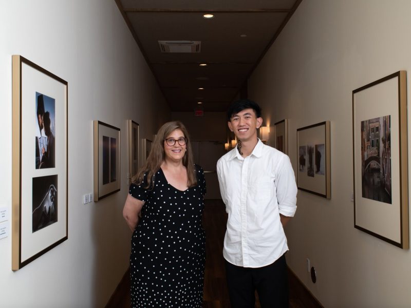 PFW Professor Rebecca Coffman and recent PFW graduate and artist Johnny Min in the new revolving gallery featuring work from Purdue Fort Wayne students, alumni and faculty at The Bradley, 204 W. Main St.