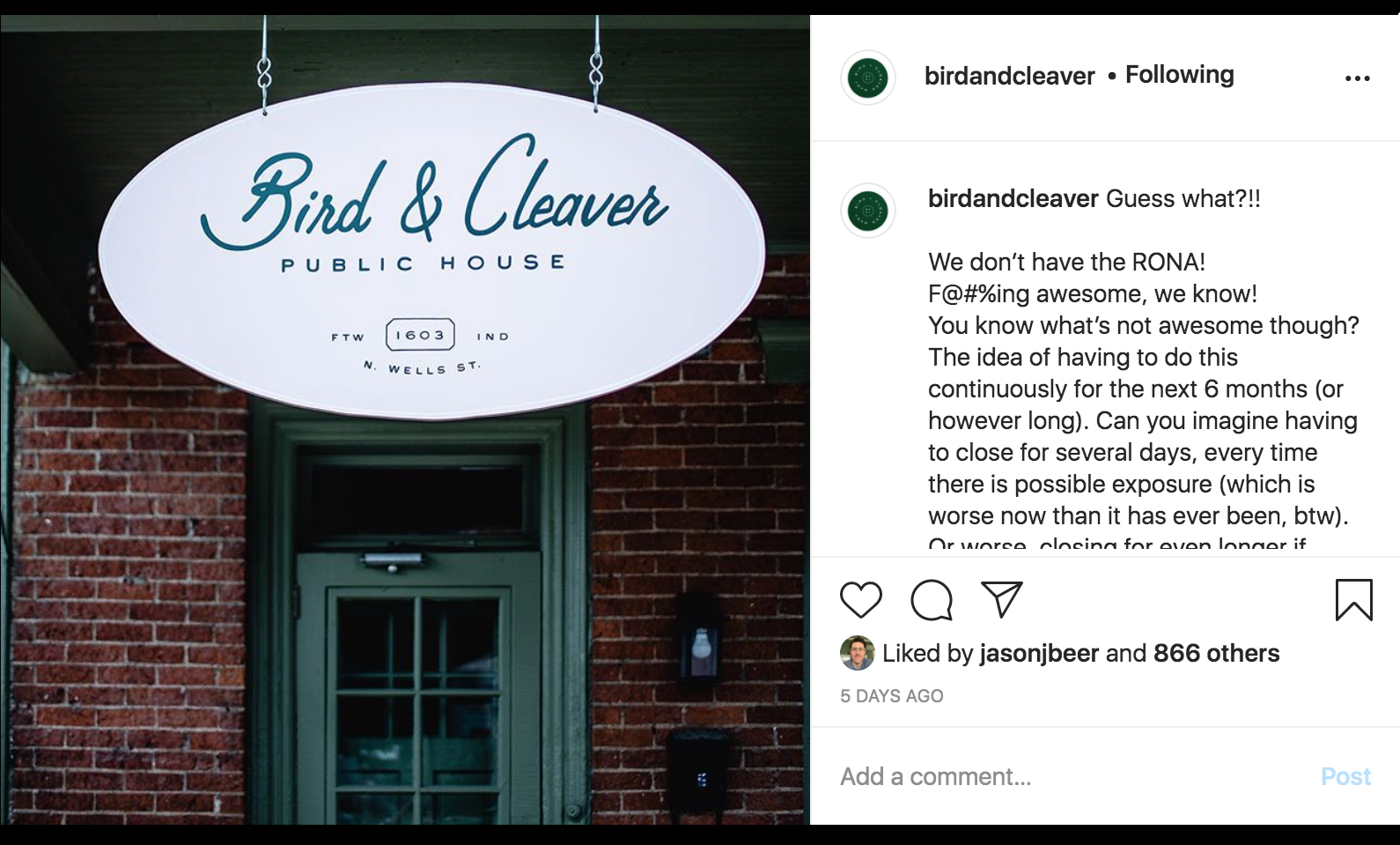 Bird + Cleaver announced their closure for the time being on October 22 on social media.