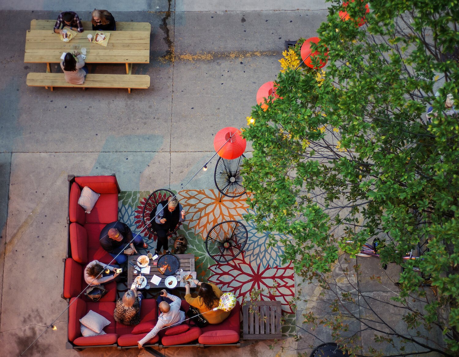 An aerial shot of the Porch Off Calhoun.