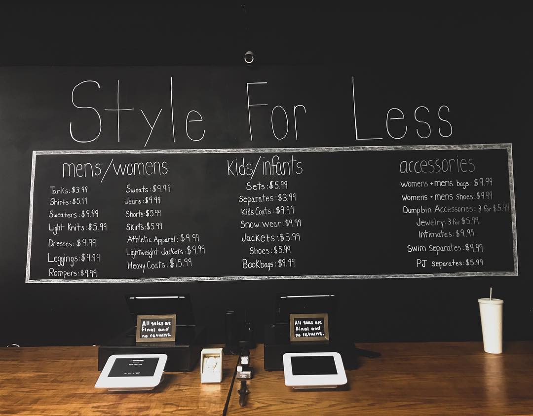 Style For Less sells items for the flat rates listed on its wall.