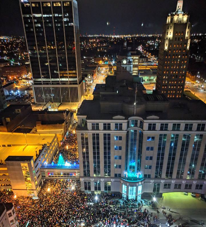 The view of the downtown Fort Wayne skyline from NOLA on 13's windows.