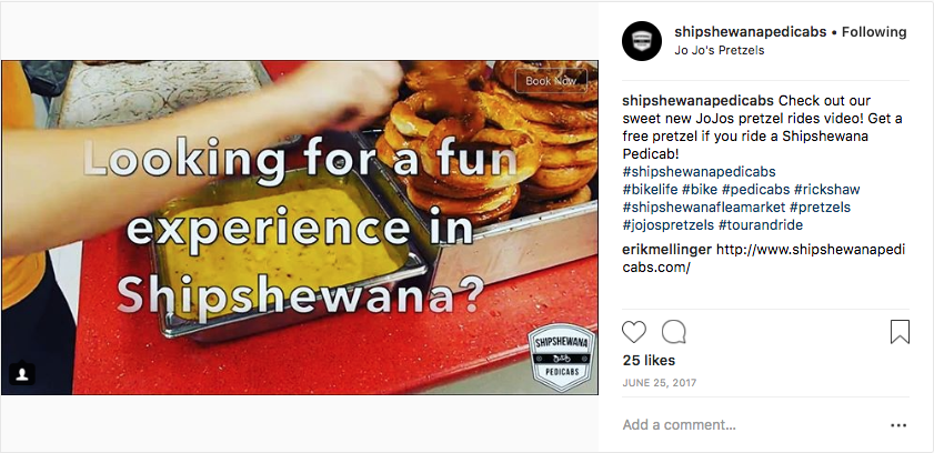 Shipshewana Pedicabs promote other regional businesses on their Instagram account.