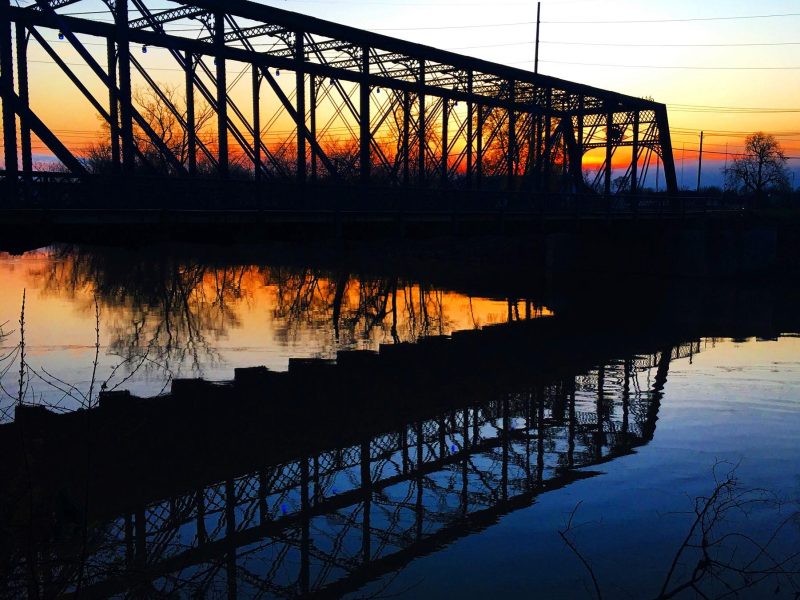 A sunset on the Fort Wayne riverfront.