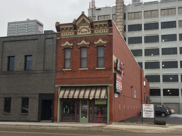 The decorative Freistroffer Block building at 207 W Main St. was built as a blacksmith shop.