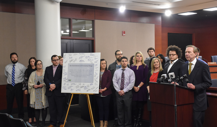 Crawford addresses Fort Wayne City Council with members of YLNI regarding the Inclusivity Pledge.