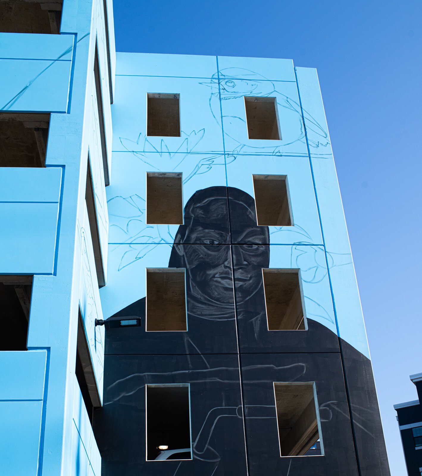 Progress on the mural on the Union Parking Garage at Electric Works on September 12, 2025.