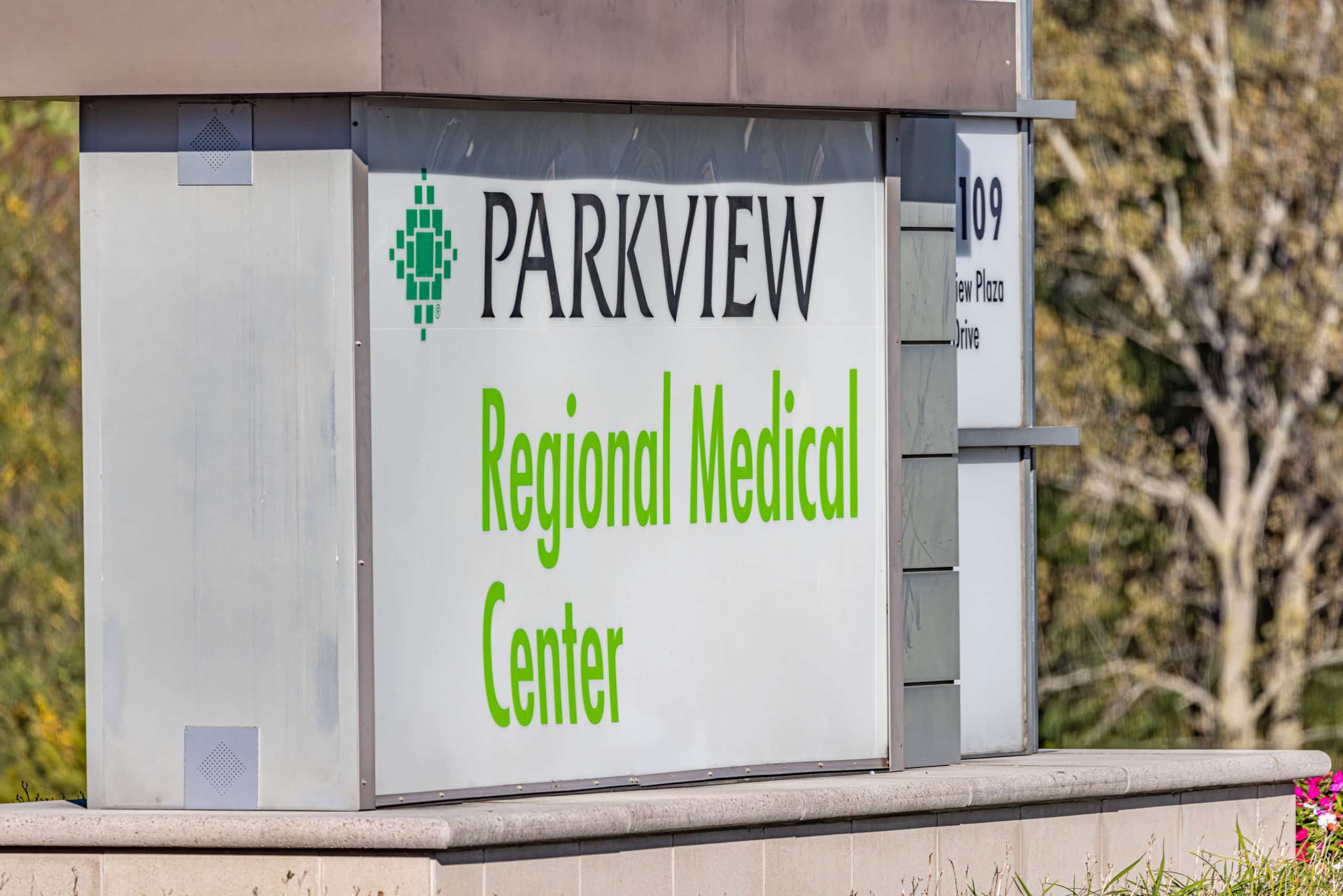 A white rectangle sign reads, "Parkview Regional Medical Center."